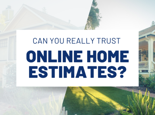 Two houses side by side with text overlay asking if online home estimates are trustworthy