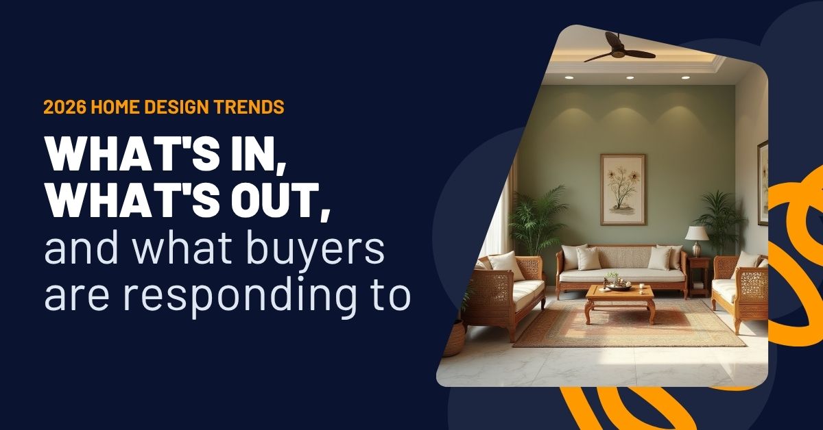 2026 home design trends living room with warm green walls, natural wood furniture, and layered textures showing what buyers want in modern interiors