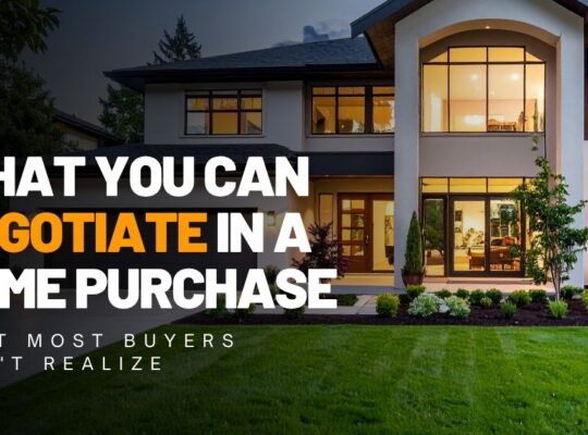 Modern luxury home exterior at dusk with text overlay reading "What You Can Negotiate in a Home Purchase That Most Buyers Don't Realize."
